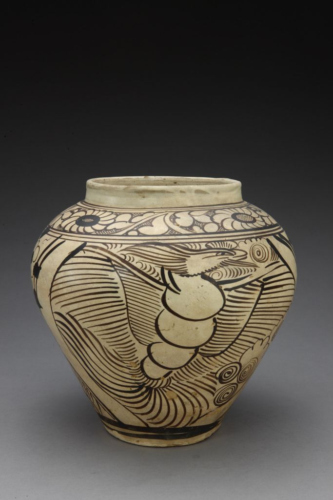 图片[1]-Cizhou kiln white ground black flower dragon and phoenix pot-China Archive